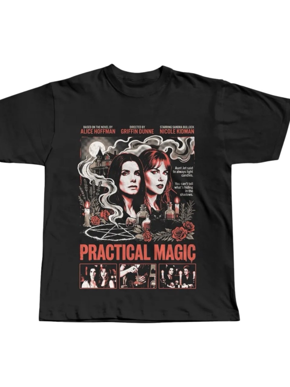 Black Practical Magic Graphic Tee with Red & Cream Print